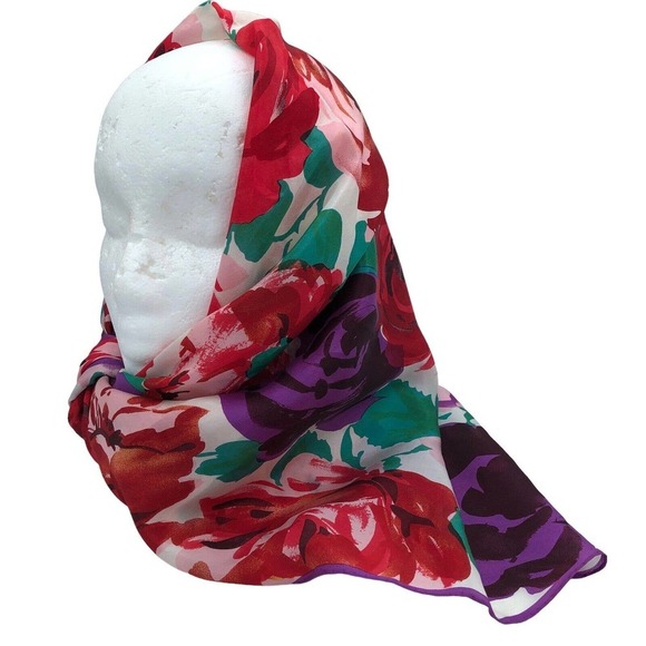 vintage Jacqueline Ferrar rose flower print square scarf silk 30" x 30" Japan - Picture 4 of 9